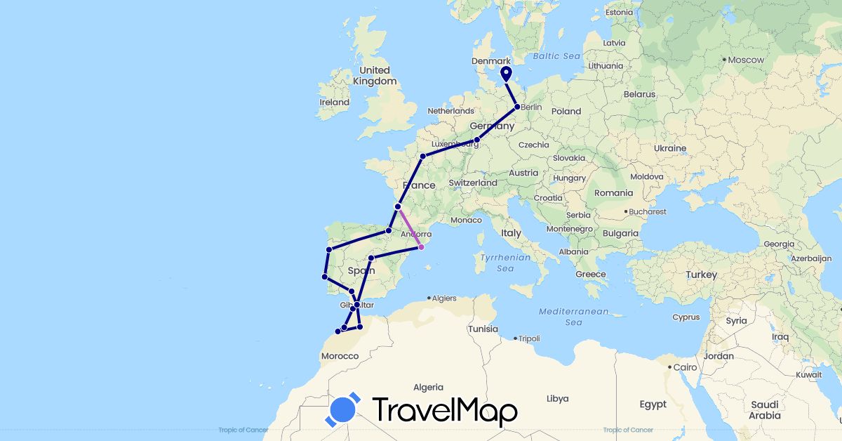 TravelMap itinerary: driving, train in Germany, Spain, France, Gibraltar, Morocco, Portugal (Africa, Europe)